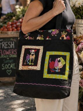 Handmade Dog Print Tote Bag Black Mesh Colorful Lined Pockets Rainbow Straps